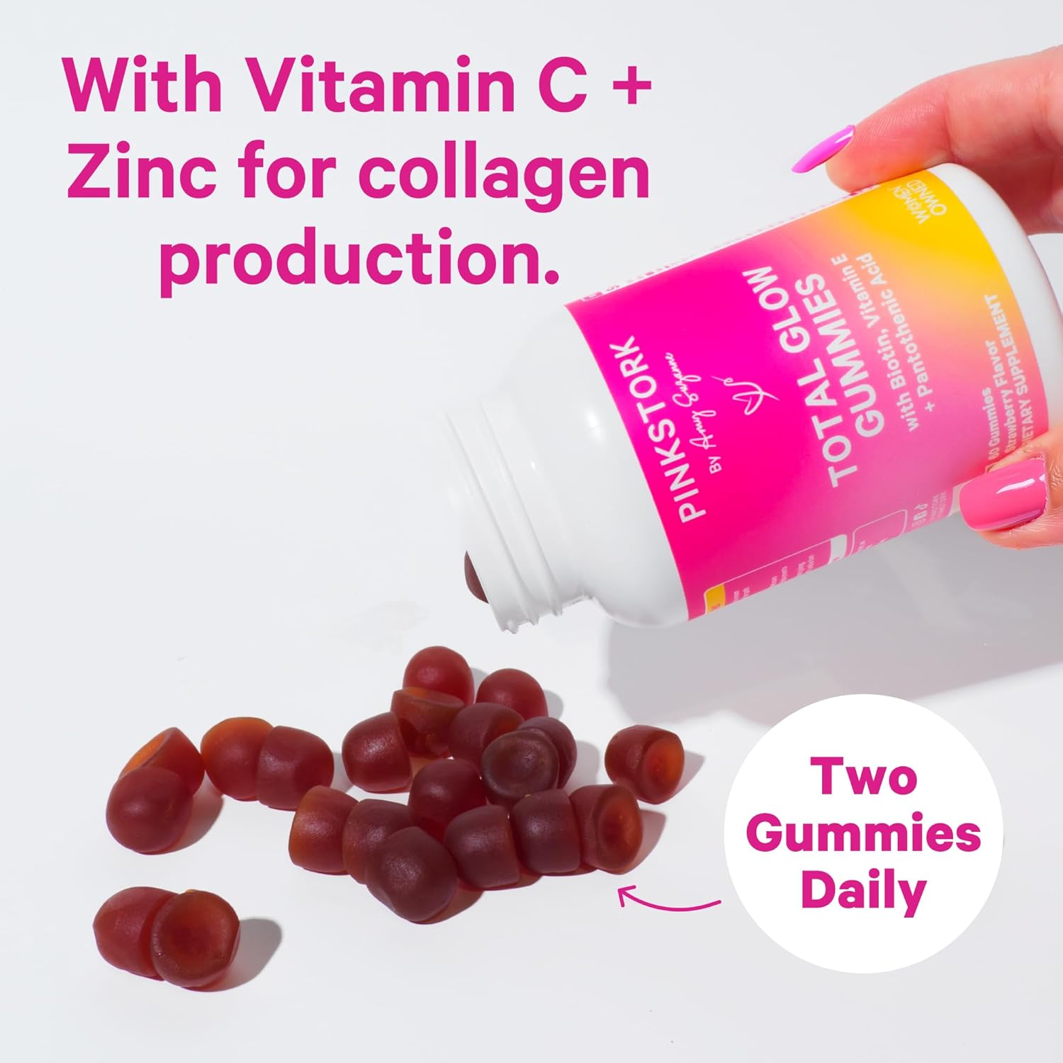 Berry Biotin Gummies for Beautiful Hair, Radiant Skin, and Strong Nails - Hair, Skin, and Nails Vitamins with 11 Nutrients including Biotin, Vitamin A, B6, B12, Folate - 60 Pink Stork Total Glow Gummies
