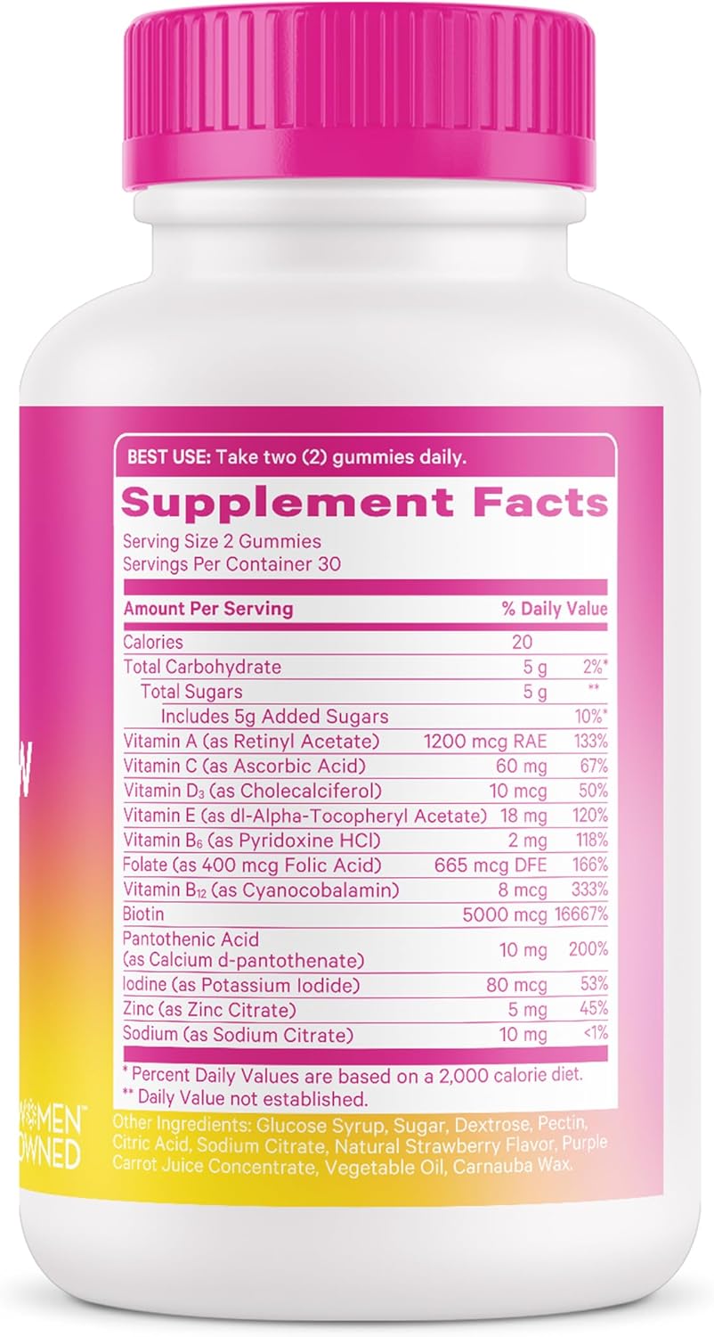 Berry Biotin Gummies for Beautiful Hair, Radiant Skin, and Strong Nails - Hair, Skin, and Nails Vitamins with 11 Nutrients including Biotin, Vitamin A, B6, B12, Folate - 60 Pink Stork Total Glow Gummies