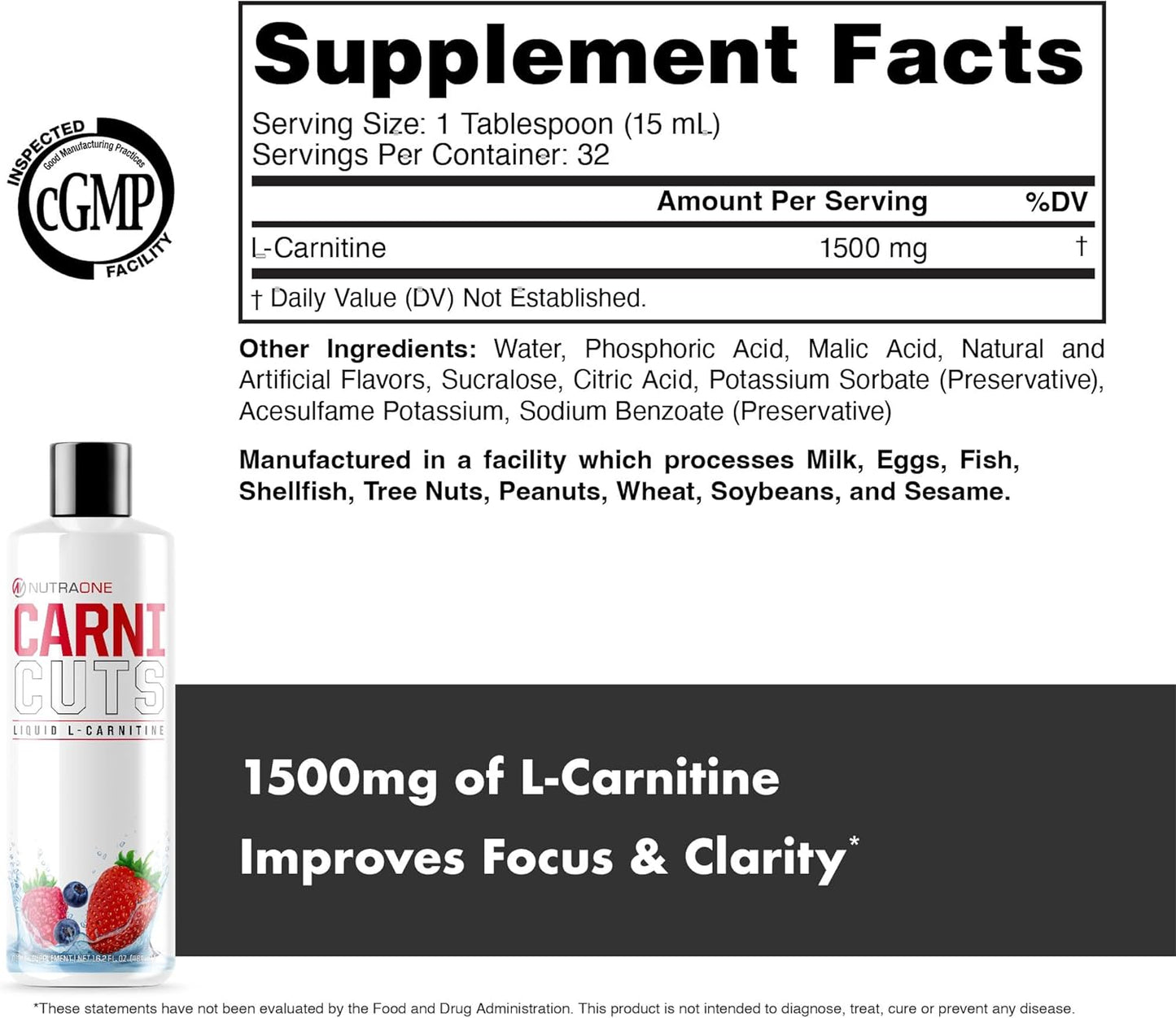 Berry Blast NutraOne Carnicuts L-Carnitine Liquid Supplement (Stimulant-Free, 32 Servings)
