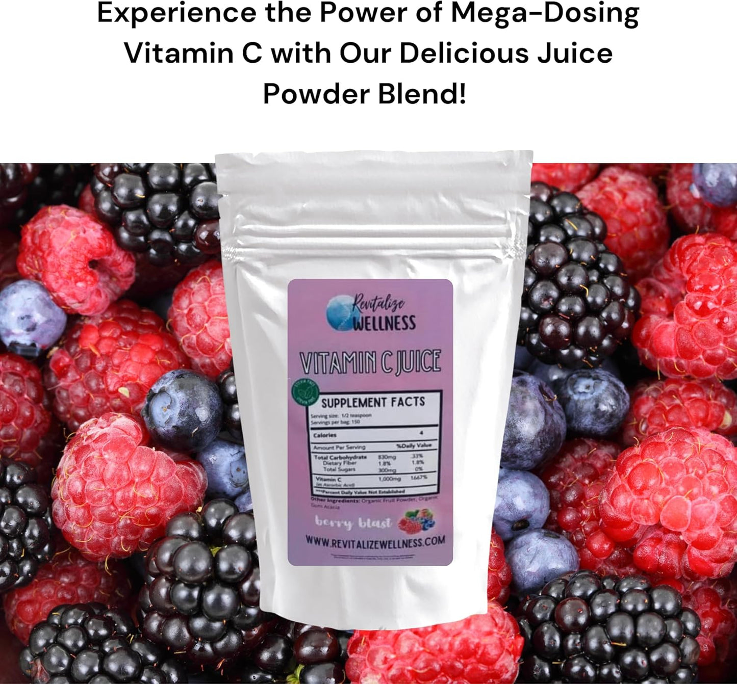 Berry Blast Vitamin C Juice Powder | 1000 mg Ascorbic Acid per Serving | 150 Servings | No Added Sweetener