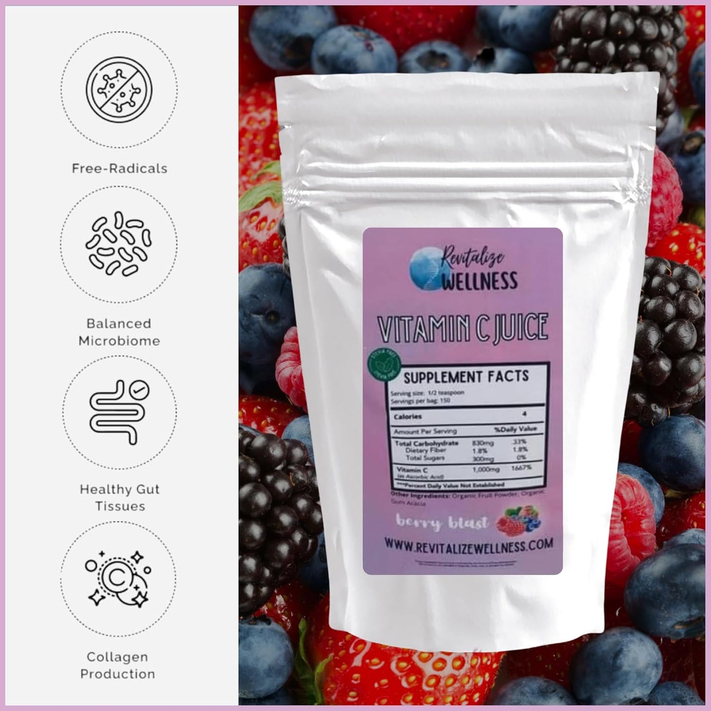 Berry Blast Vitamin C Juice Powder | 1000 mg Ascorbic Acid per Serving | 150 Servings | No Added Sweetener