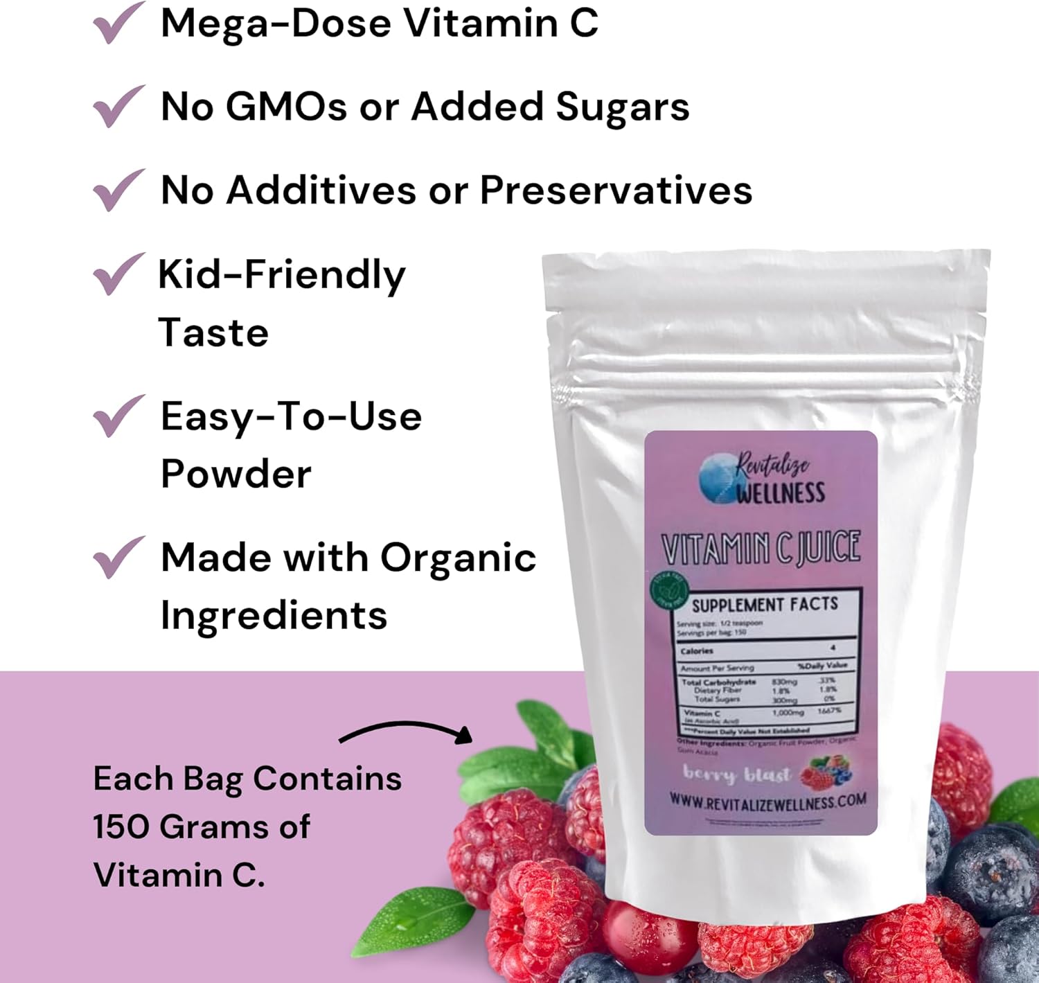 Berry Blast Vitamin C Juice Powder | 1000 mg Ascorbic Acid per Serving | 150 Servings | No Added Sweetener