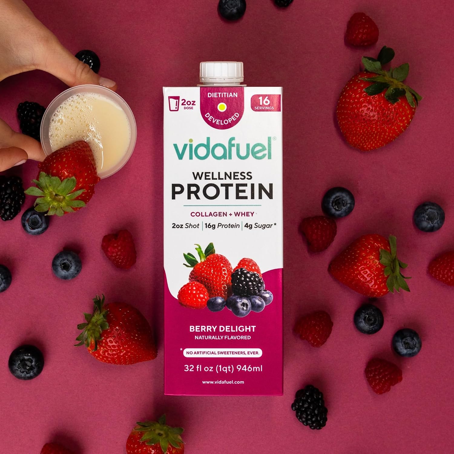 Berry Collagen and Whey Protein Drink, 32 fl oz Carton, 16g Protein Per 2oz Shot, No Artificial Sweeteners