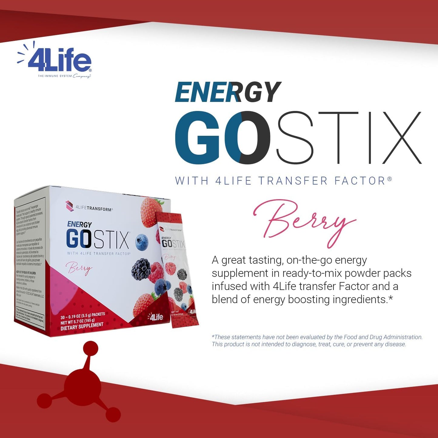Berry Flavored 4Life Energy Go Stix - Healthy Energy Drink Mix with Guarana, Maca, Yerba Mate, and Green Tea Leaf Extract - 30 Packets