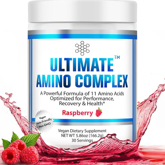 Berry Flavored Amino Complex Powder - 30 Servings, 4g Each - Essential Amino Acids Supplement - 2:1:1 BCAA Ratio - Energy, Lean Muscle, Recovery - Vegan & Non-GMO