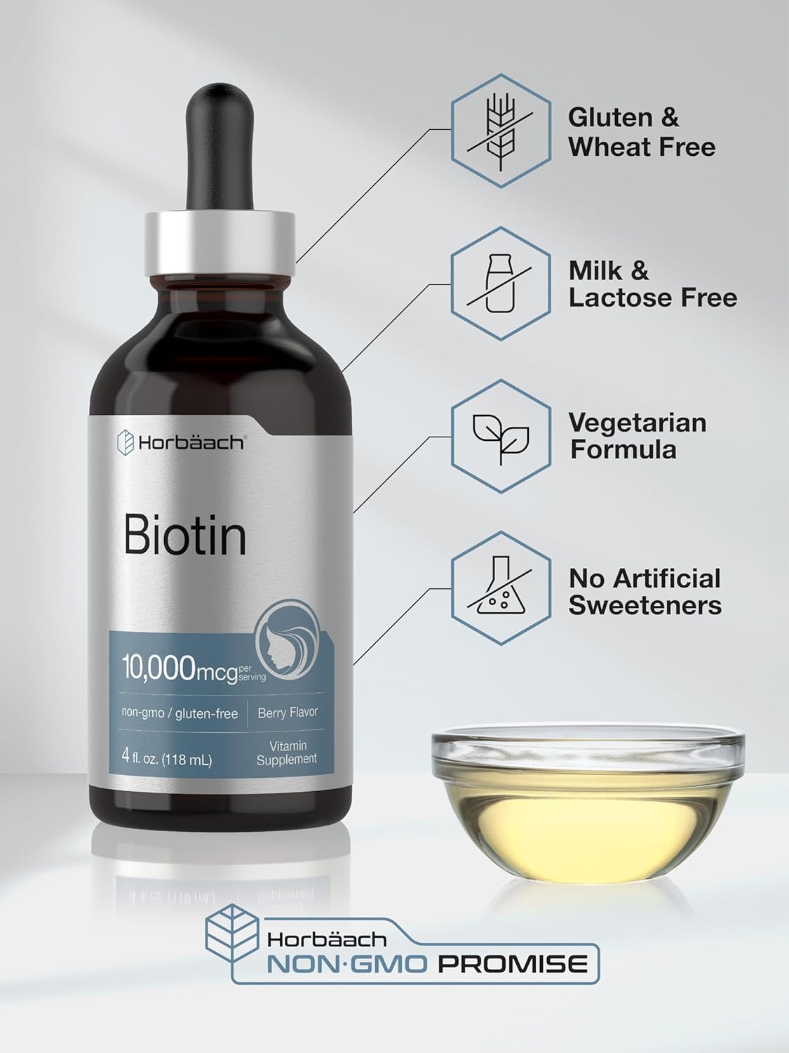 Berry Flavored Biotin Liquid Drops | 10000mcg | 4 fl oz | Vegetarian, Non-GMO & Gluten-Free