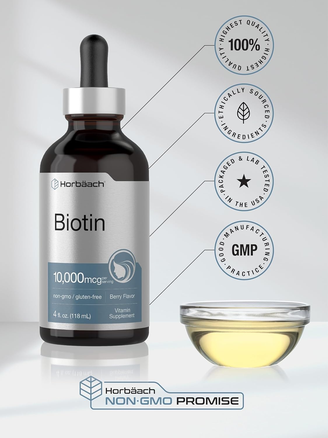 Berry Flavored Biotin Liquid Drops | 10000mcg | 4 fl oz | Vegetarian, Non-GMO & Gluten-Free