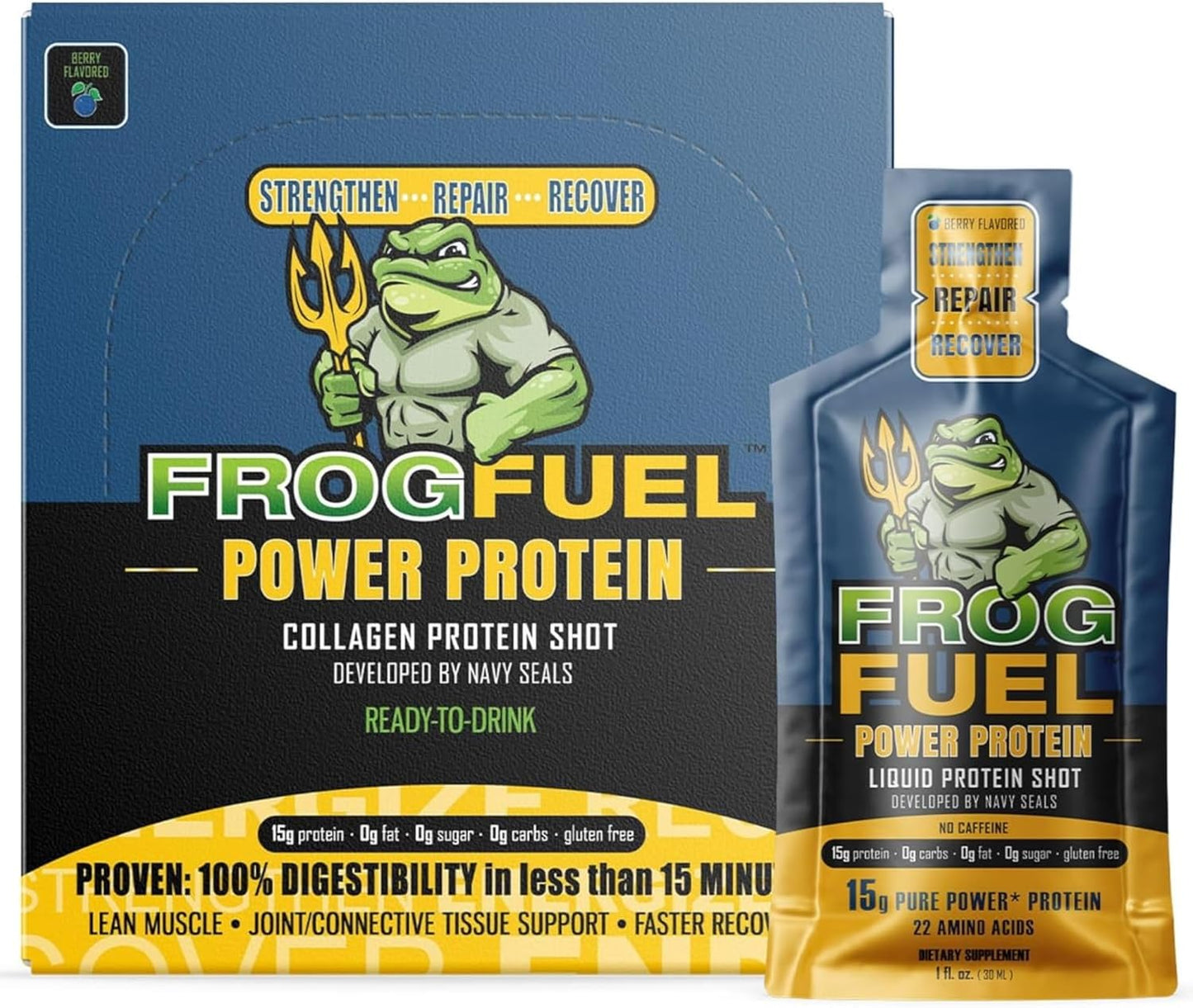 Berry Flavored Frog Fuel Power Protein Shots - 15g Protein, Grass Fed Collagen, Post Workout Recovery - Gluten, Fat, Sugar Free - 22 Amino Acids - 0 Carbs - 1oz Packets, 24 Pack