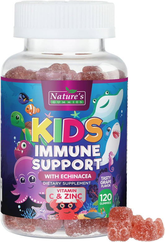 Berry Flavored Kids Immune Support Gummies with Echinacea, Zinc, Vitamin C - Non-GMO, Gluten-Free Vegan Children's Vitamins - 120 Chewable Immunity Gummy Bears