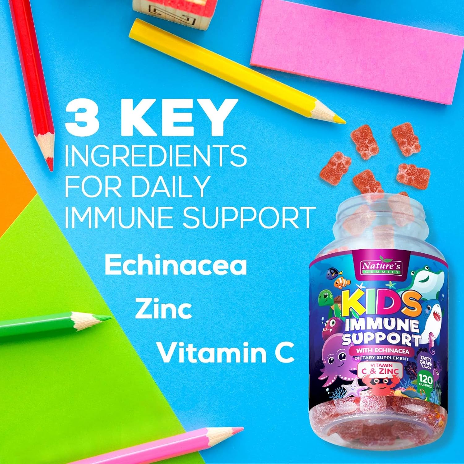 Berry Flavored Kids Immune Support Gummies with Echinacea, Zinc, Vitamin C - Non-GMO, Gluten-Free Vegan Children's Vitamins - 120 Chewable Immunity Gummy Bears
