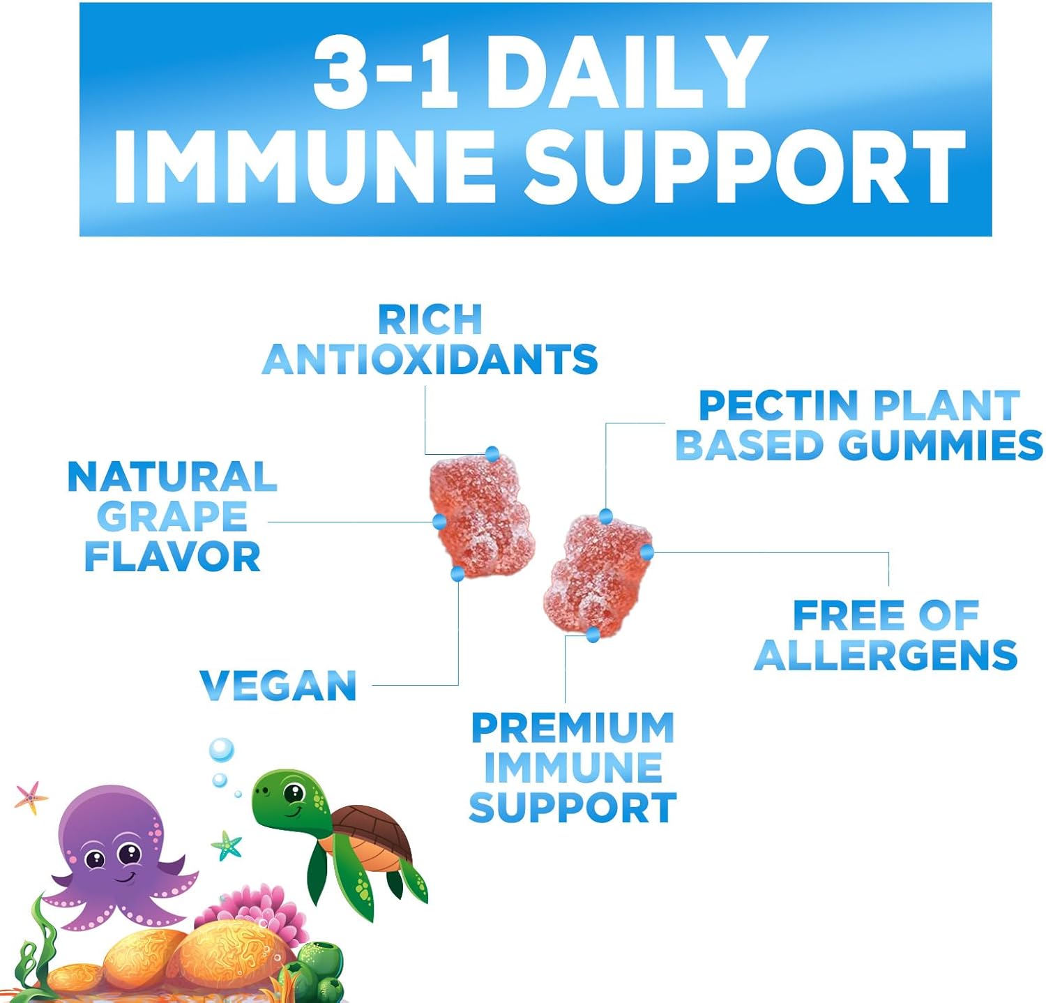 Berry Flavored Kids Immune Support Gummies with Echinacea, Zinc, Vitamin C - Non-GMO, Gluten-Free Vegan Children's Vitamins - 120 Chewable Immunity Gummy Bears