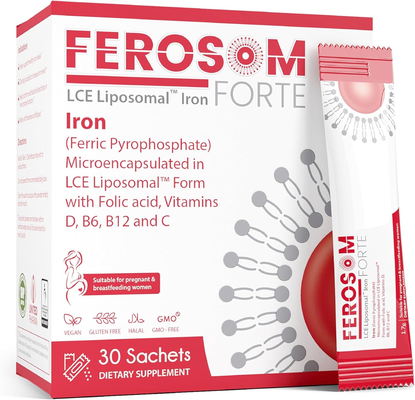 Berry Flavored Liposomal Iron Supplement Powder with Vitamin B12, B6, D, C, Folic Acid - Gentle on Stomach - 30 Vegan Sachets - 21g Elemental Iron