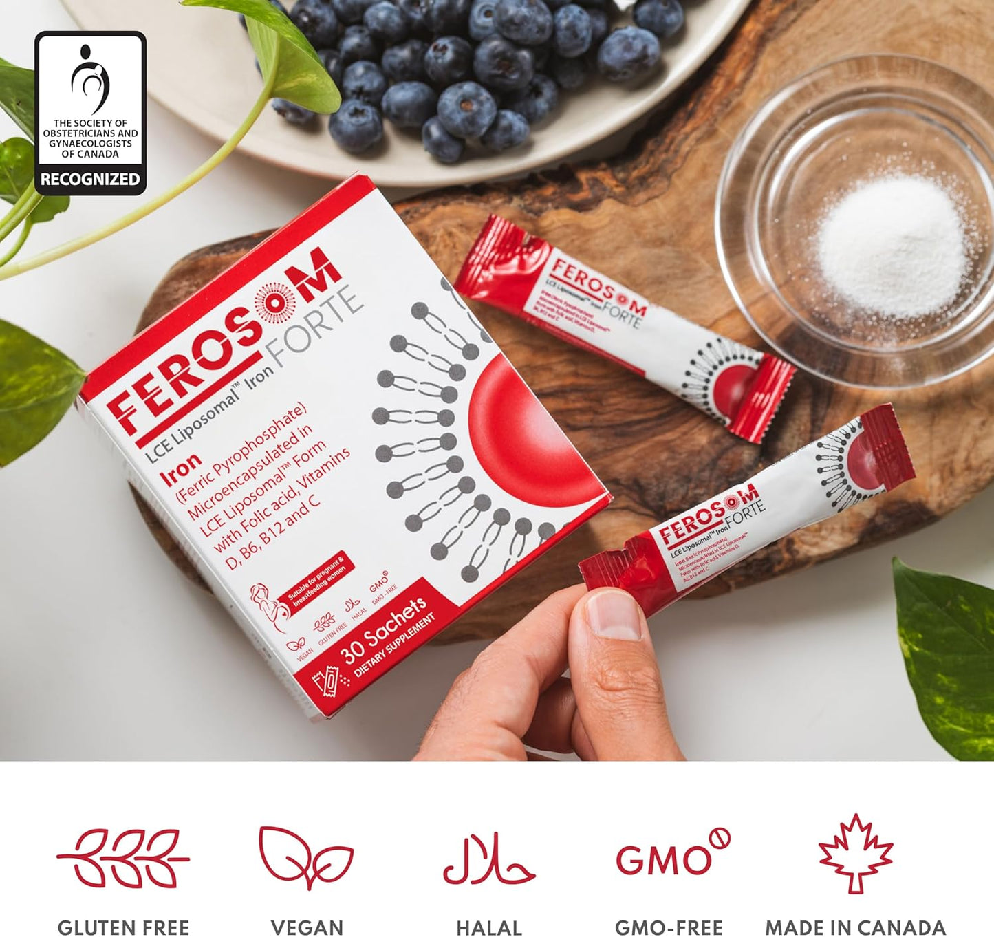 Berry Flavored Liposomal Iron Supplement Powder with Vitamin B12, B6, D, C, Folic Acid - Gentle on Stomach - 30 Vegan Sachets - 21g Elemental Iron