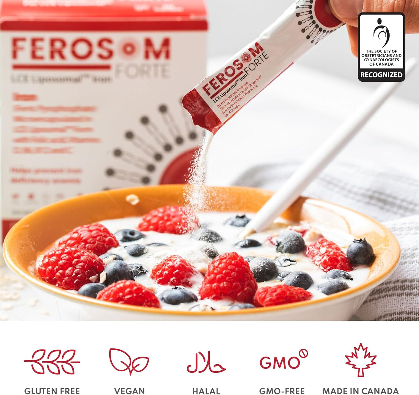 Berry Flavored Liposomal Iron Supplement Powder with Vitamin B12, B6, D, C, Folic Acid - Gentle on Stomach - 30 Vegan Sachets - 21g Elemental Iron