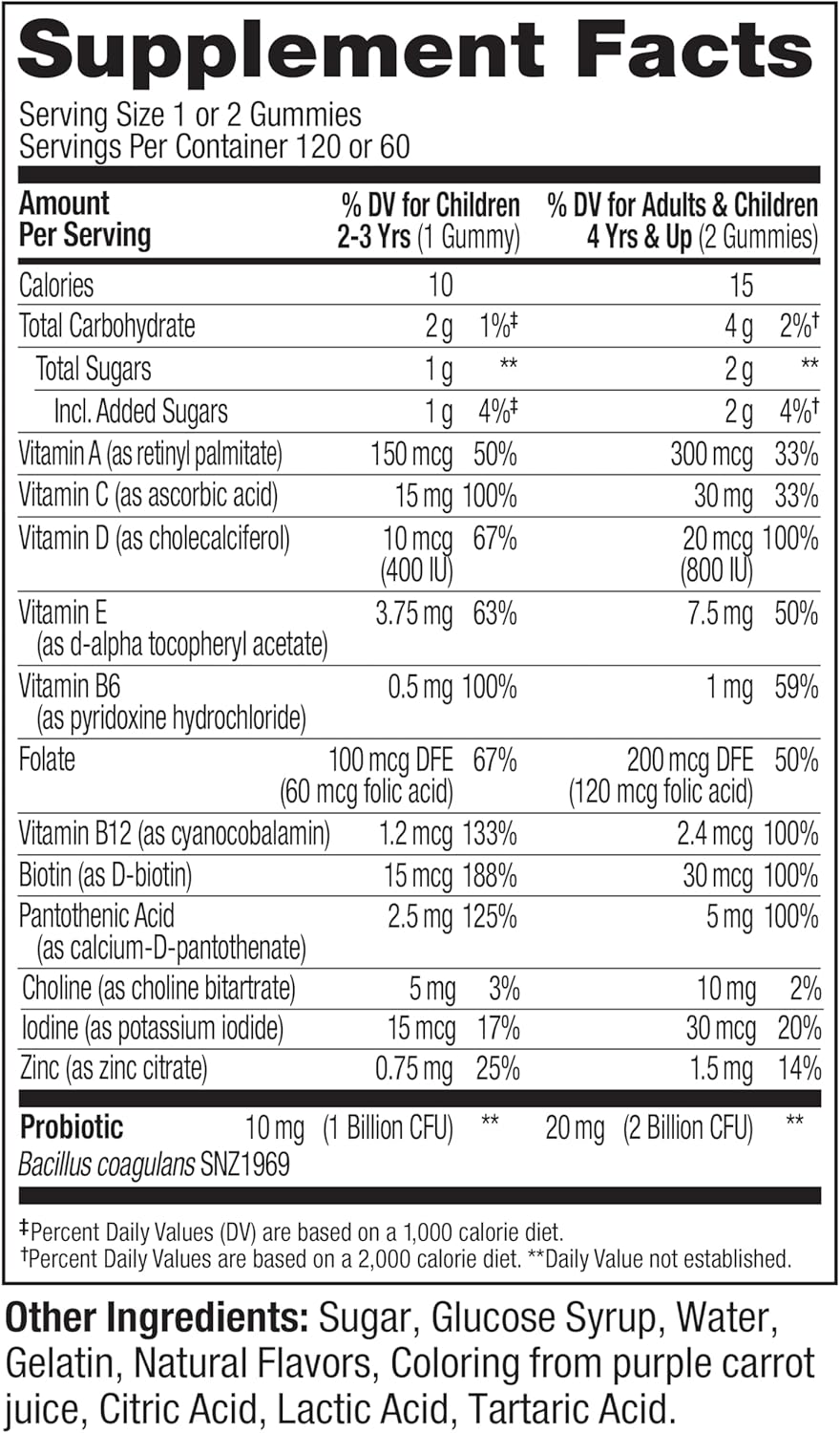 Berry Flavored OLLY Kids Multivitamin & Probiotic Gummy with Vitamins A, D, C, E, B, Zinc - 60 Day Supply, 120 Count