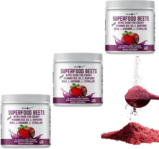 Berry Flavored Peacock Max Beet Root Powder - 10.59 oz (Pack of 3) - Nitric Oxide Superfood with Green Tea Extract, BCAA, L-Arginine, L-Citrulline for Heart Health & Circulation - Non-GMO