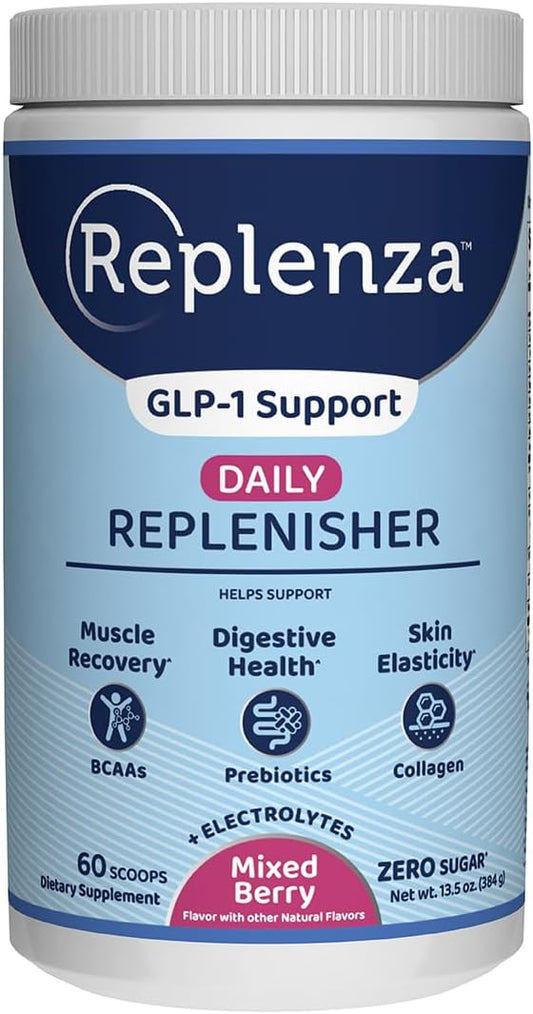 Berry Flavored Replenza Daily Replenisher Powder - Supports Muscle Recovery, Digestive Health, and Skin Elasticity with Amino Acids, Prebiotics, and Collagen Peptides - 60 Scoops, 13.5 OZ