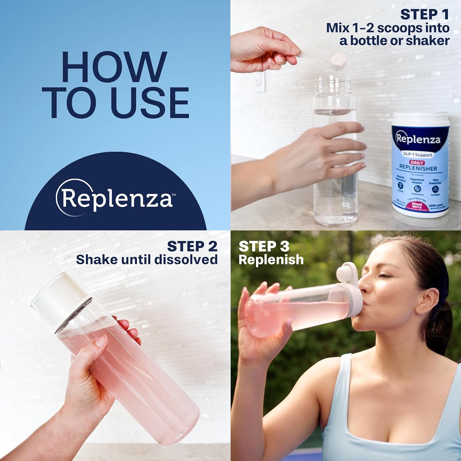 Berry Flavored Replenza Daily Replenisher Powder - Supports Muscle Recovery, Digestive Health, and Skin Elasticity with Amino Acids, Prebiotics, and Collagen Peptides - 60 Scoops, 13.5 OZ