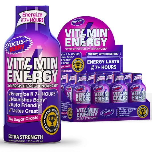 Berry Flavored Vitamin Energy Focus Shots - Natural, Sugar-Free, and Carb-Free Energy Drink with Vitamins B6, B12, Niacin, L-Theanine, and CoQ10 - 1.93 fl oz, 12 Ct - Energize for 7+ Hrs