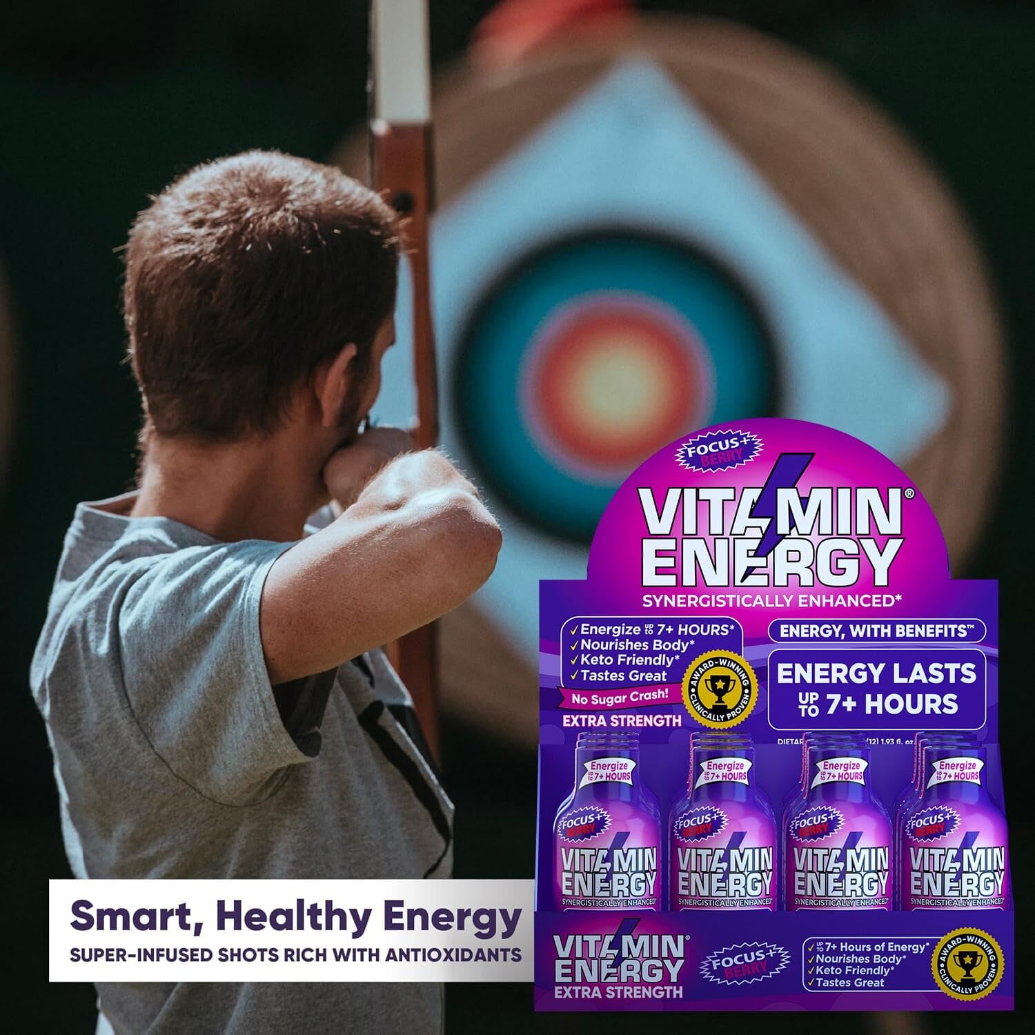 Berry Flavored Vitamin Energy Focus Shots - Natural, Sugar-Free, and Carb-Free Energy Drink with Vitamins B6, B12, Niacin, L-Theanine, and CoQ10 - 1.93 fl oz, 12 Ct - Energize for 7+ Hrs