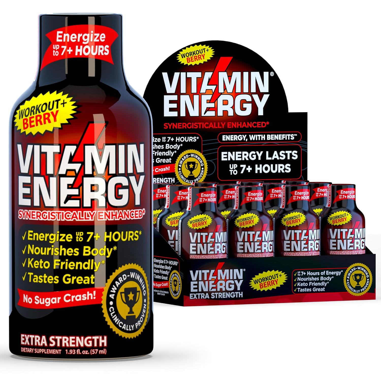 Berry Flavored Vitamin Energy Pre Workout Shots - Keto & Sugar Free - Clean Green Tea Caffeine with Endurance Blend - 7+ Hour Energy - 1.93 Fl Oz x 12