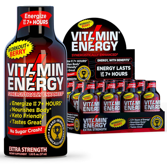 Berry Flavored Vitamin Energy Pre Workout Shots - Keto & Sugar Free - Clean Green Tea Caffeine with Endurance Blend - 7+ Hour Energy - 1.93 Fl Oz x 12