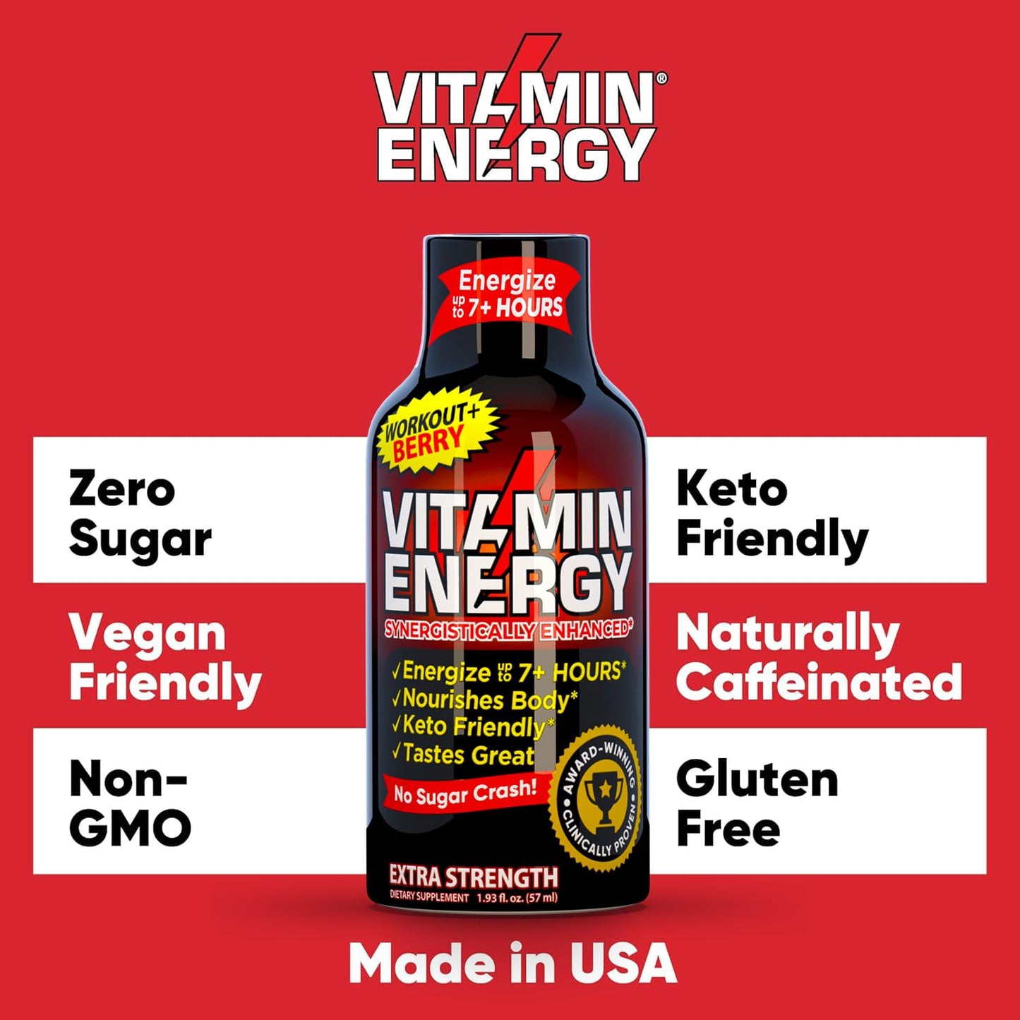 Berry Flavored Vitamin Energy Pre Workout Shots - Keto & Sugar Free - Clean Green Tea Caffeine with Endurance Blend - 7+ Hour Energy - 1.93 Fl Oz x 12