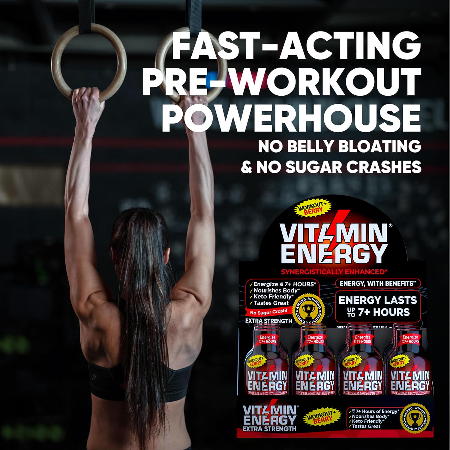 Berry Flavored Vitamin Energy Pre Workout Shots - Keto & Sugar Free - Clean Green Tea Caffeine with Endurance Blend - 7+ Hour Energy - 1.93 Fl Oz x 12