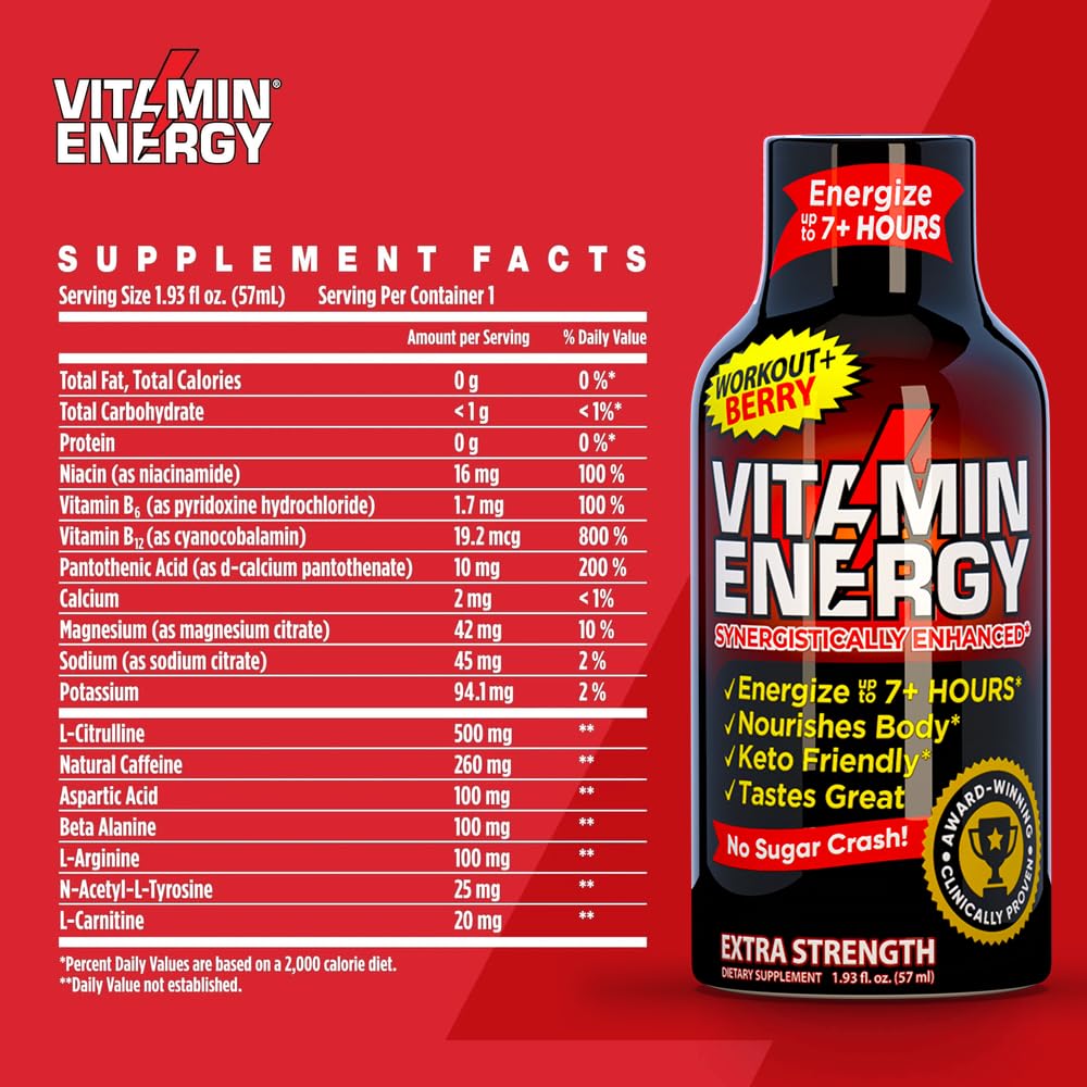 Berry Flavored Vitamin Energy Pre Workout Shots - Keto & Sugar Free - Clean Green Tea Caffeine with Endurance Blend - 7+ Hour Energy - 1.93 Fl Oz x 12