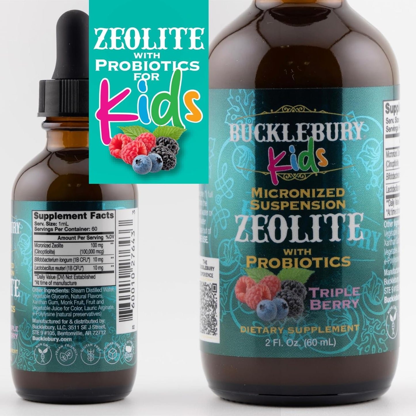 Berry-Flavored Zeolite Liquid Suspension with Probiotics for Kids - Natural Health Support - 2 Fl Oz