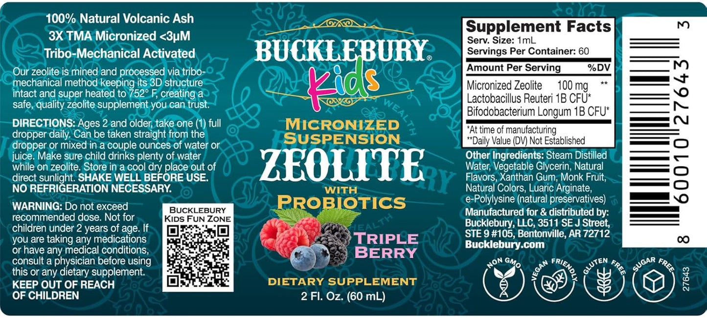 Berry-Flavored Zeolite Liquid Suspension with Probiotics for Kids - Natural Health Support - 2 Fl Oz