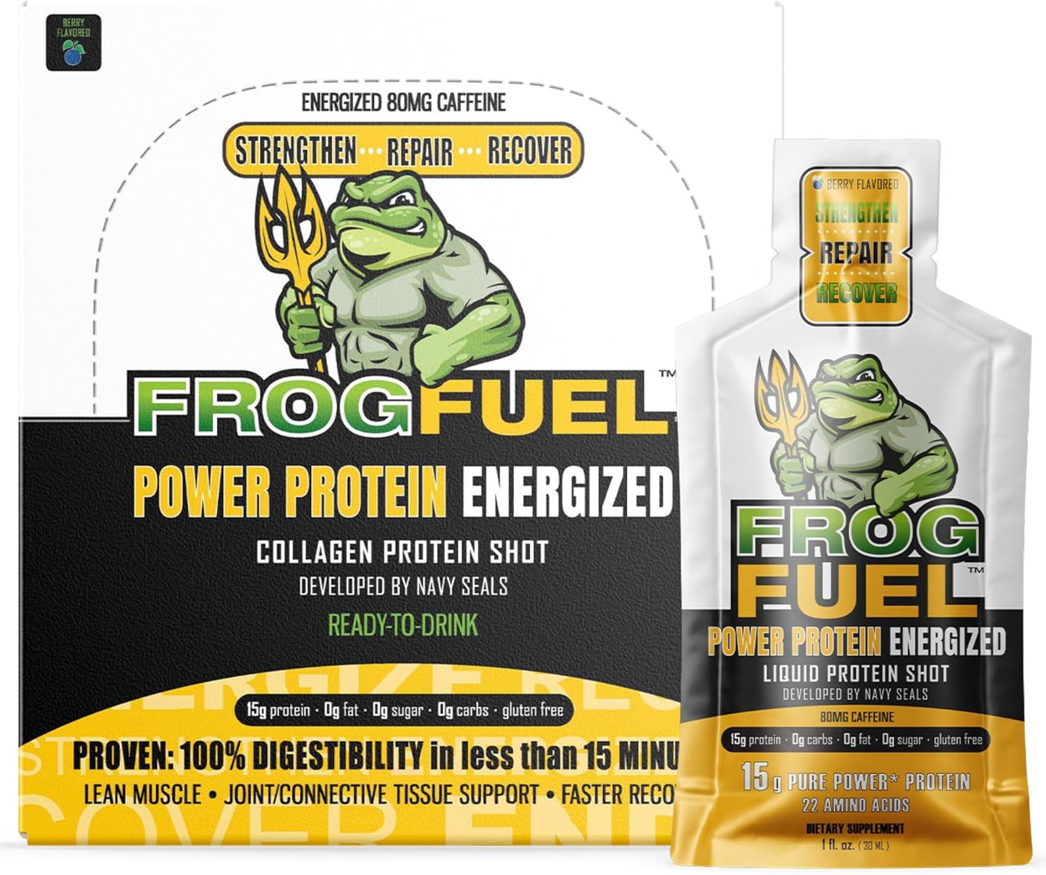Berry Frog Fuel Power Energized Protein Shots - 15g Protein, 80mg Caffeine, Grass Fed Collagen, 22 Amino Acids, 0 Carbs - 24 Packets
