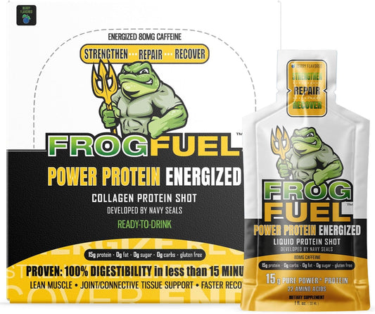 Berry Frog Fuel Power Energized Protein Shots - 15g Protein, 80mg Caffeine, Grass Fed Collagen, 22 Amino Acids, 0 Carbs - 24 Packets