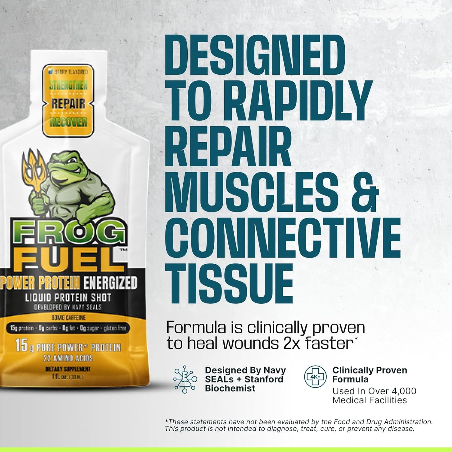 Berry Frog Fuel Power Energized Protein Shots - 15g Protein, 80mg Caffeine, Grass Fed Collagen, 22 Amino Acids, 0 Carbs - 24 Packets