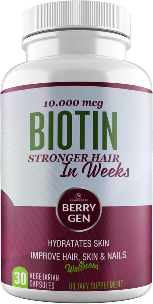 Berry Gen Biotin Supplement 10000 mcg Capsules - Hair & Skin Health Support - Moisturize Nails - 30 Count