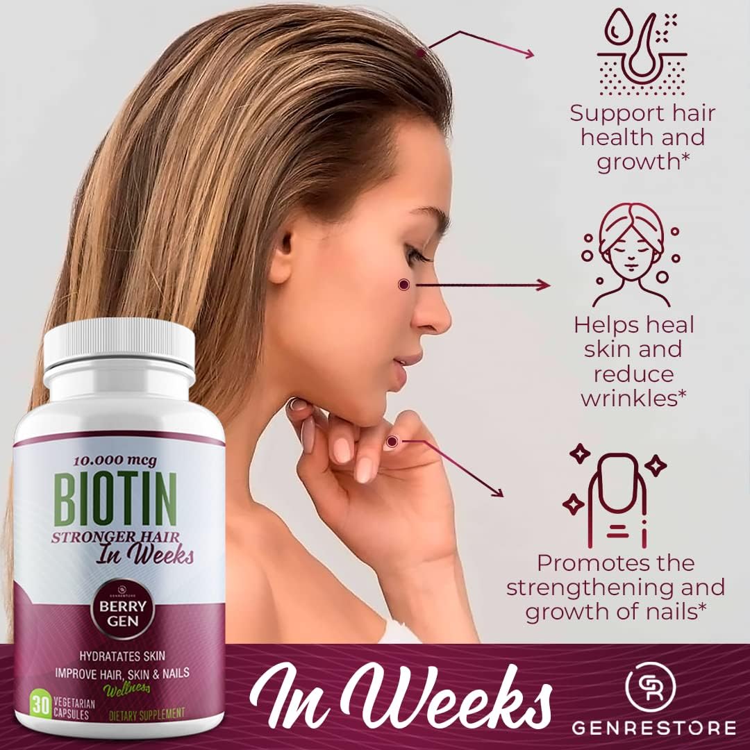 Berry Gen Biotin Supplement 10000 mcg Capsules - Hair & Skin Health Support - Moisturize Nails - 30 Count