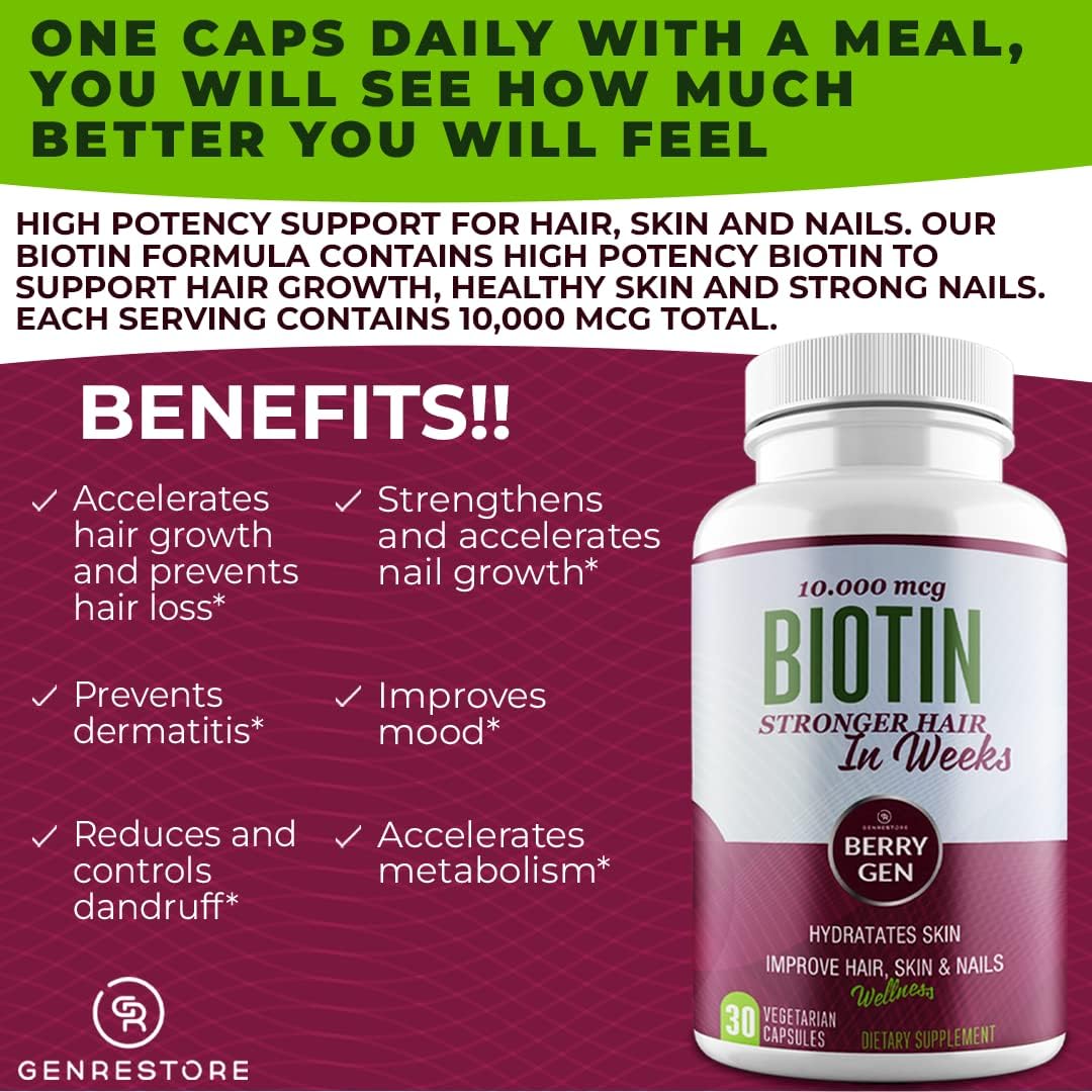 Berry Gen Biotin Supplement 10000 mcg Capsules - Hair & Skin Health Support - Moisturize Nails - 30 Count