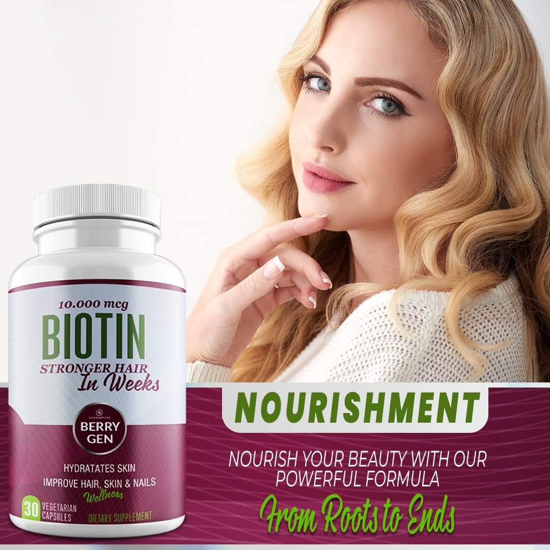 Berry Gen Biotin Supplement 10000 mcg Capsules - Hair & Skin Health Support - Moisturize Nails - 30 Count