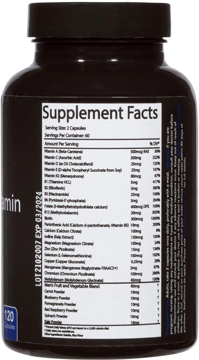 Best Men's Multivitamin - 28 Essential Nutrients for Optimal Health, Energy, Immune Support - 120 Capsules