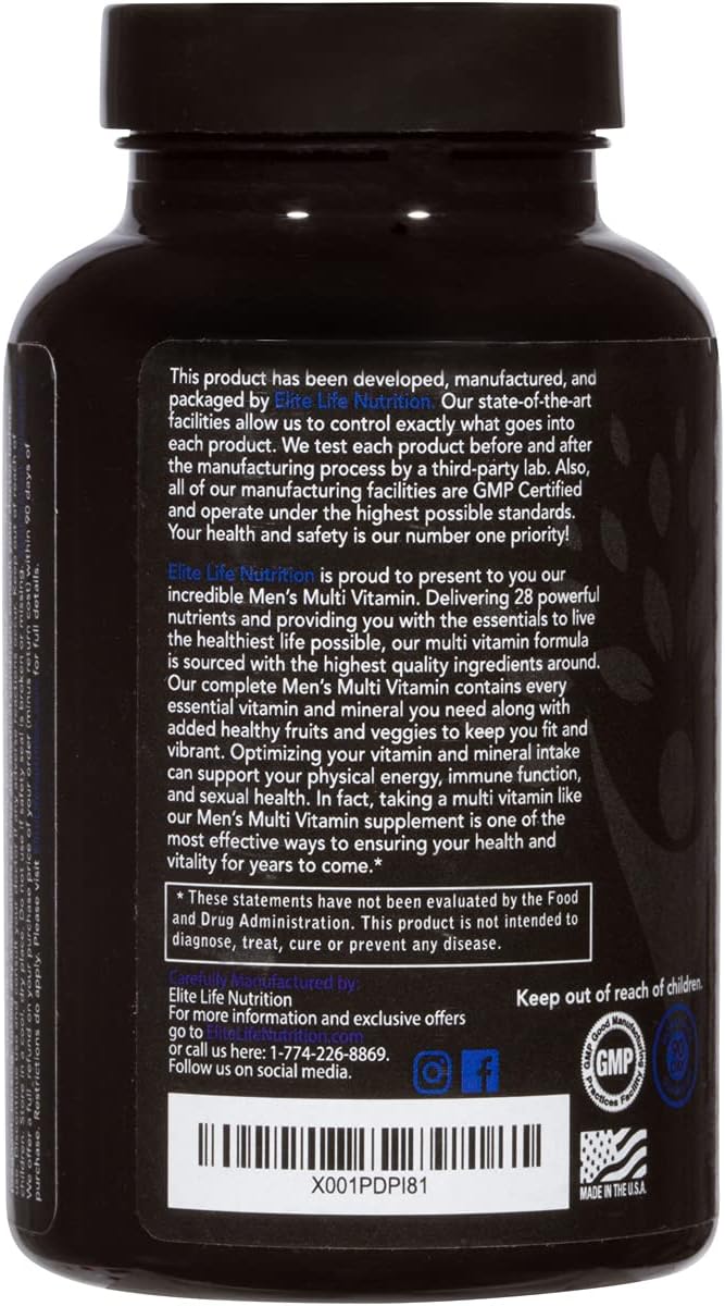 Best Men's Multivitamin - 28 Essential Nutrients for Optimal Health, Energy, Immune Support - 120 Capsules