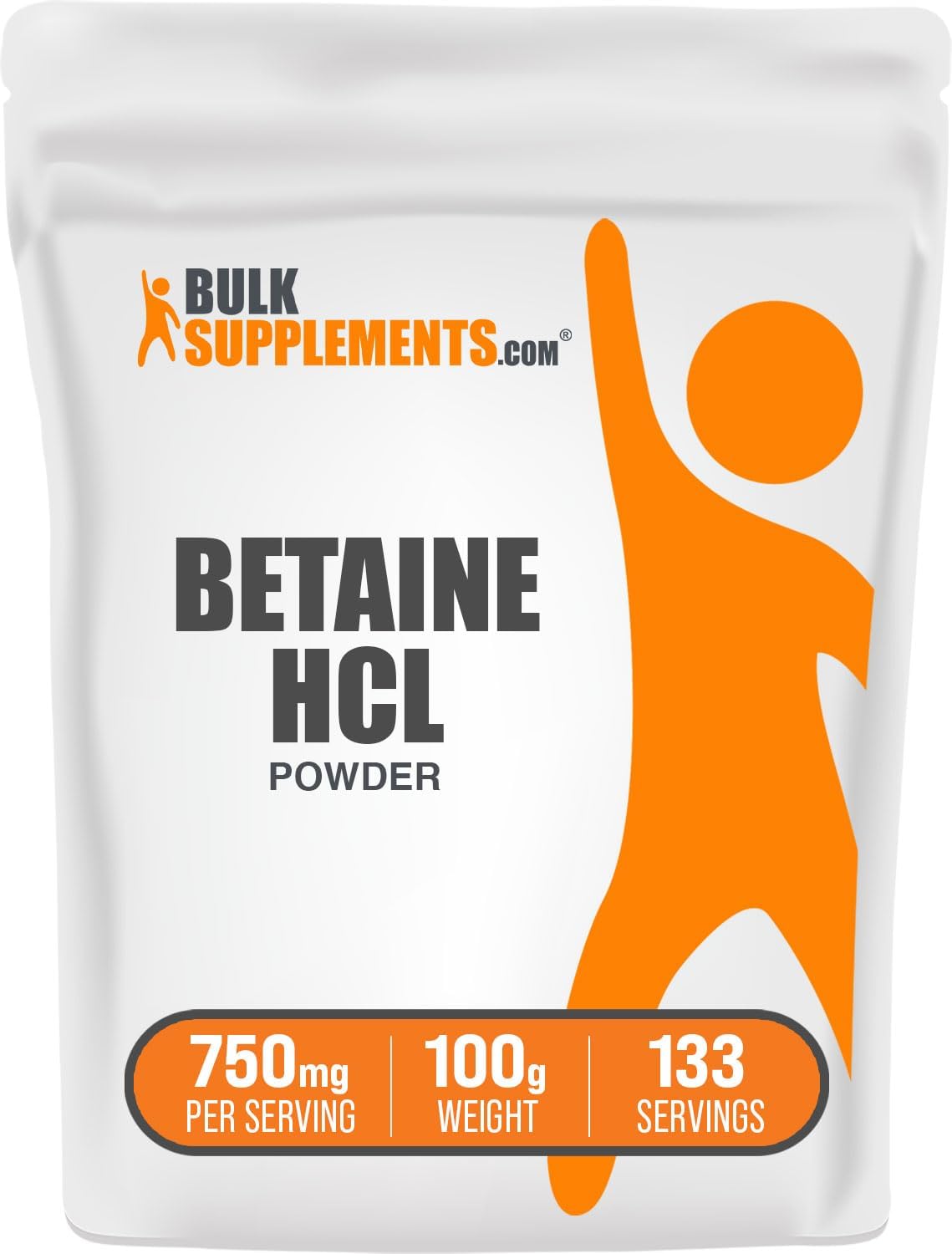 Betaine HCl Powder - 750mg per Serving, Gluten Free Betaine Hydrochloride Supplement - 100g (3.5 oz)