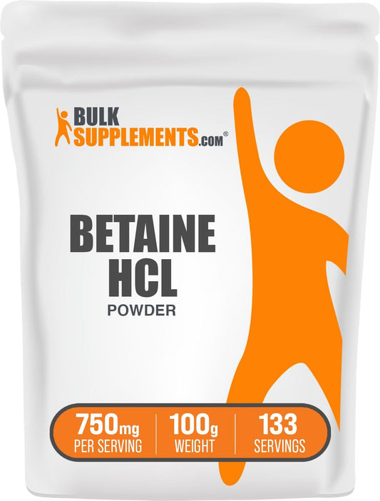 Betaine HCl Powder - 750mg per Serving, Gluten Free Betaine Hydrochloride Supplement - 100g (3.5 oz)