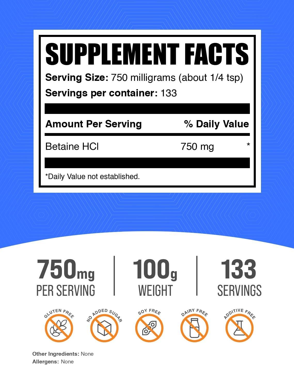 Betaine HCl Powder - 750mg per Serving, Gluten Free Betaine Hydrochloride Supplement - 100g (3.5 oz)