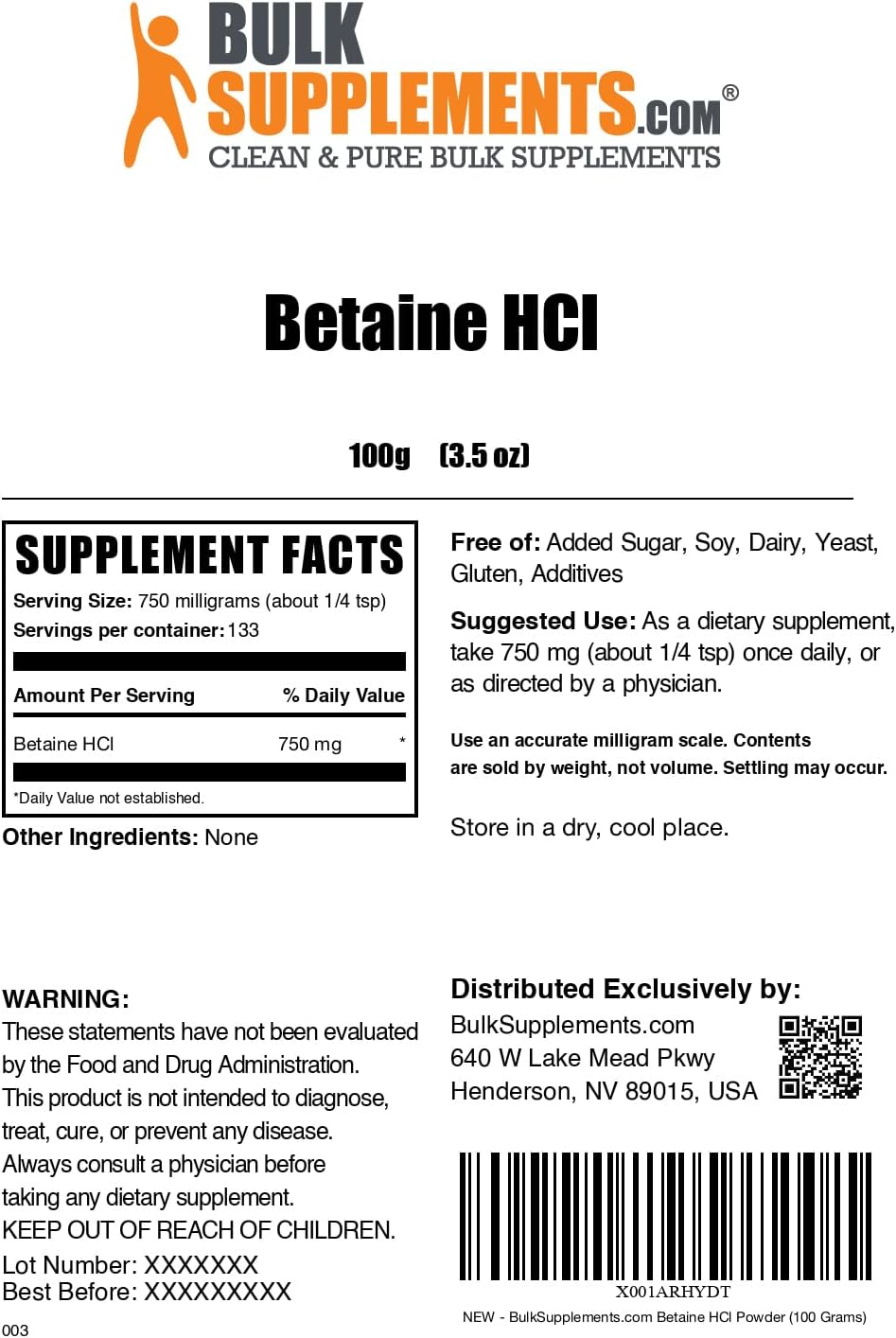 Betaine HCl Powder - 750mg per Serving, Gluten Free Betaine Hydrochloride Supplement - 100g (3.5 oz)