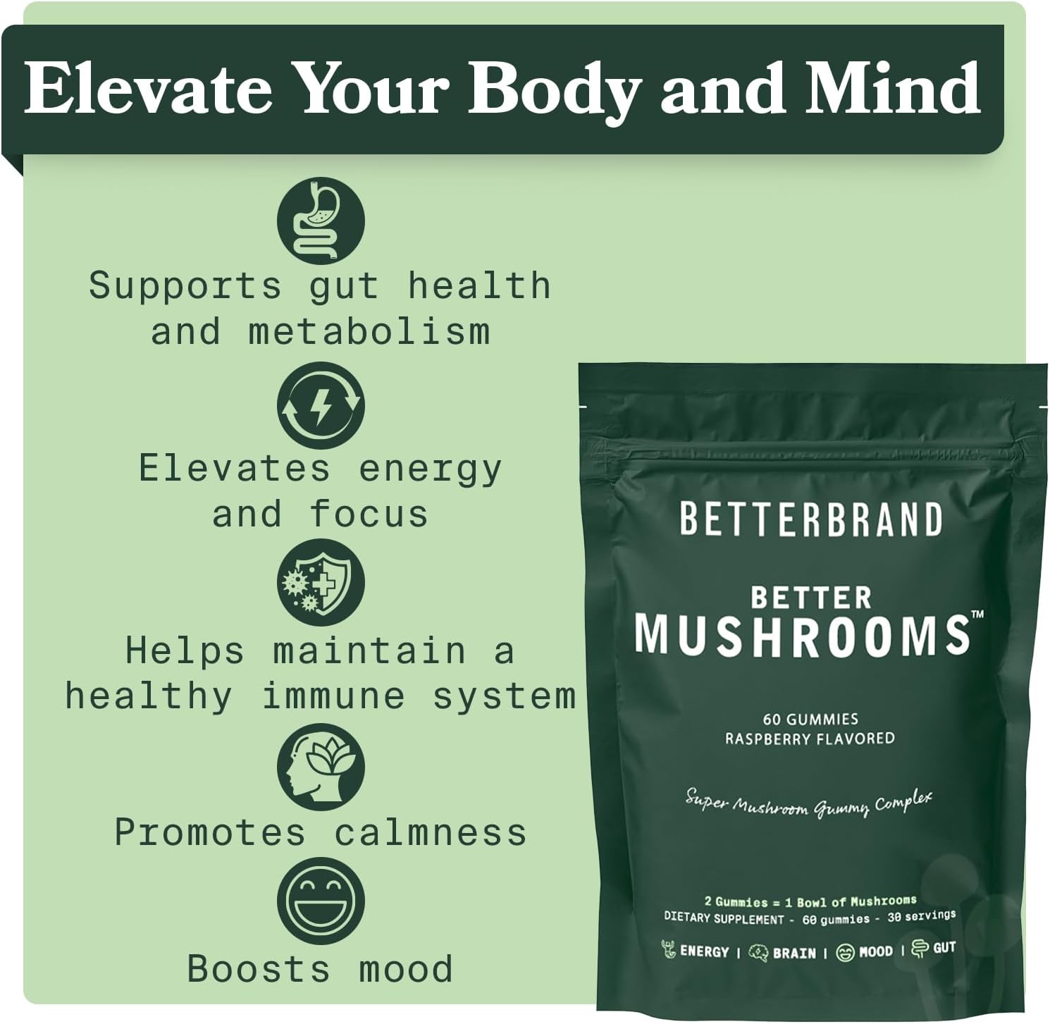 Betterbrand BetterMushrooms Mushroom Gummies for Gut Health, Metabolism, Energy & Focus - Lion's Mane, Cordyceps, Chaga, Maitake - Immune Support