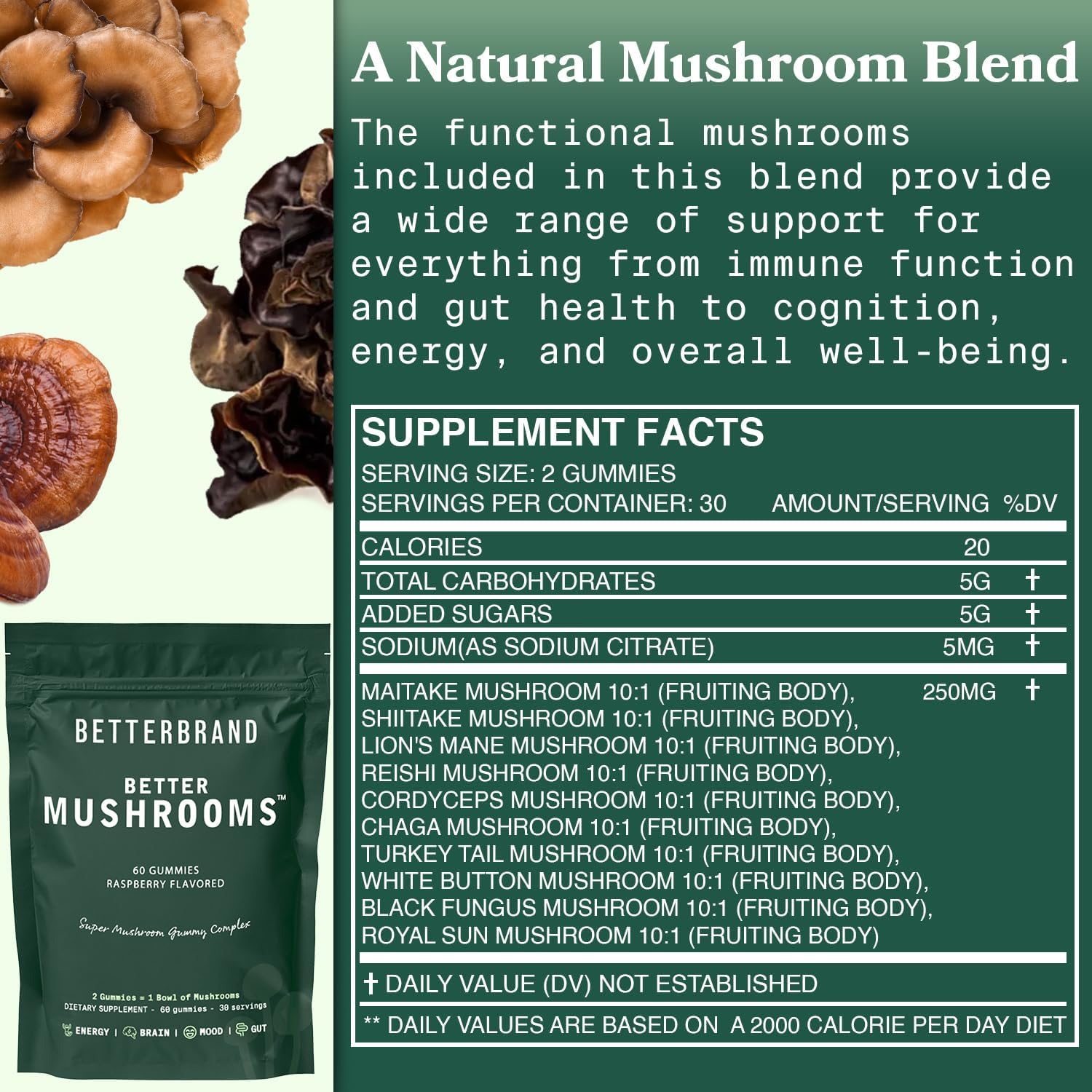 Betterbrand BetterMushrooms Mushroom Gummies for Gut Health, Metabolism, Energy & Focus - Lion's Mane, Cordyceps, Chaga, Maitake - Immune Support