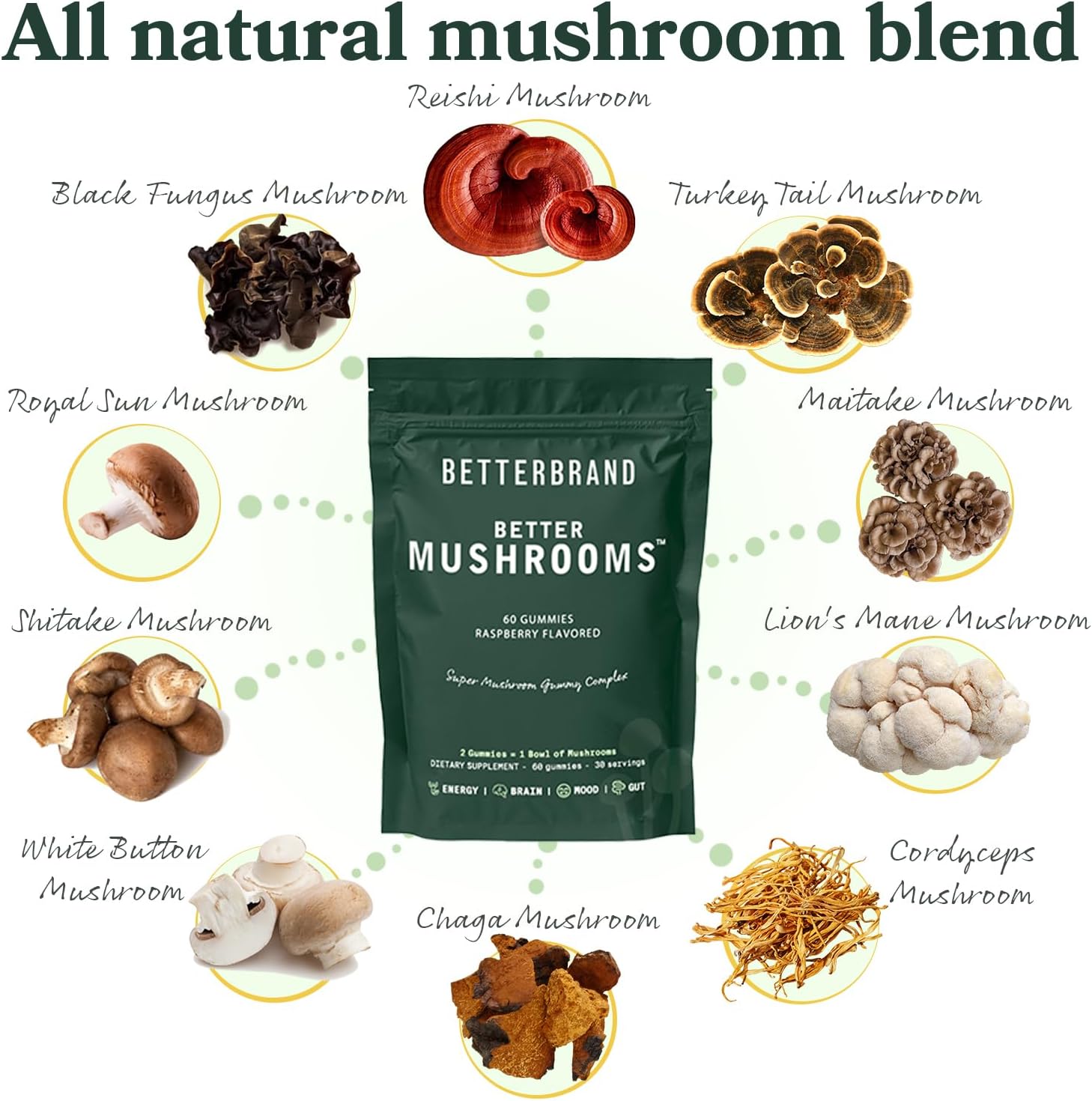 Betterbrand BetterMushrooms Mushroom Gummies for Gut Health, Metabolism, Energy & Focus - Lion's Mane, Cordyceps, Chaga, Maitake - Immune Support