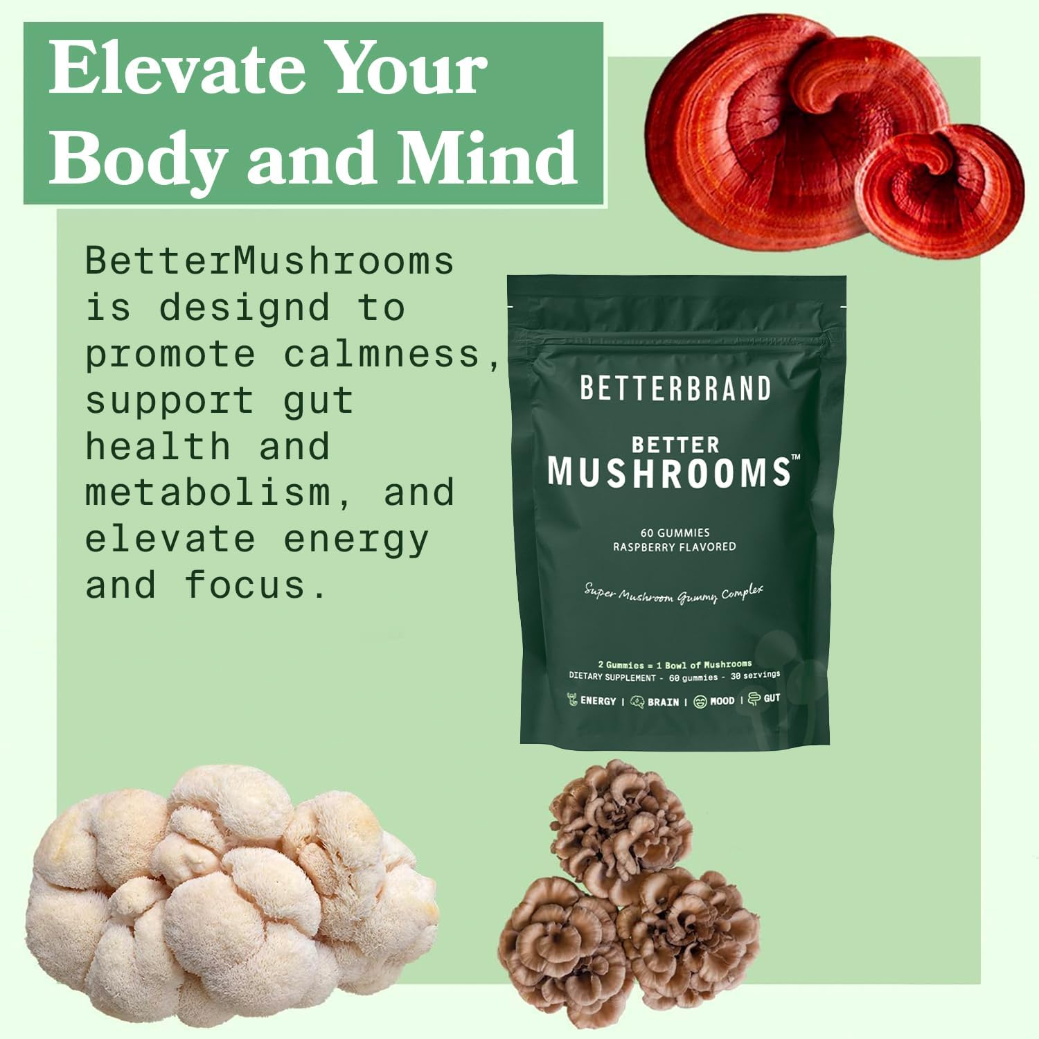 Betterbrand BetterMushrooms Mushroom Gummies for Gut Health, Metabolism, Energy & Focus - Lion's Mane, Cordyceps, Chaga, Maitake - Immune Support