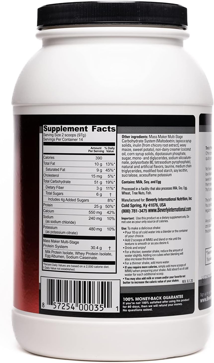 Beverly International Mass Maker Ultra Vanilla - 3lb, 14 Servings for Lean Mass Growth with Milk Protein Isolate, Whey Protein Isolate, Egg, MCT Oil, Clean Carbs, Great Taste