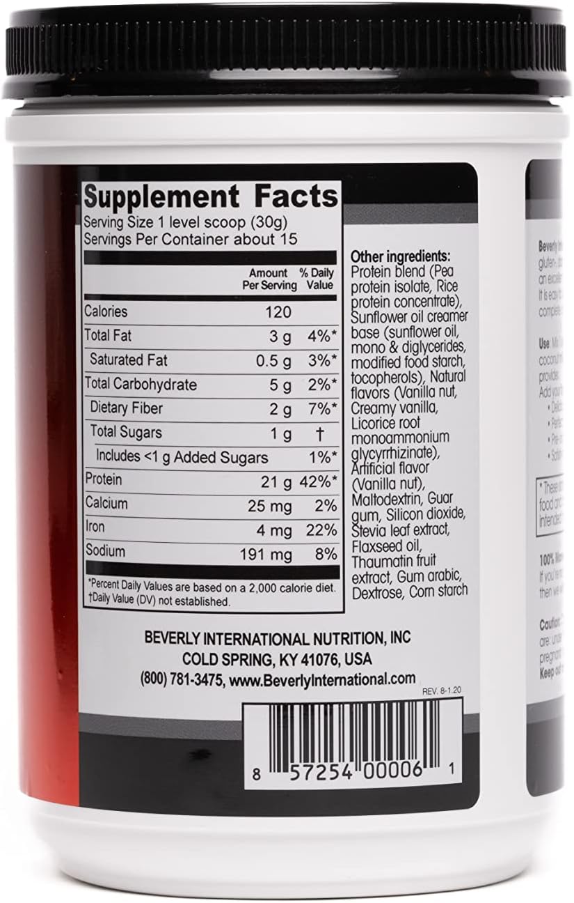 Beverly International PBP Plant-Based Protein Powder - Vegan, Gluten, Dairy, and Soy-Free with Great Vanilla Taste - 21g Protein per Serving (15 Servings, 1lb) - Complete Amino Acid Profile - Easy to Digest